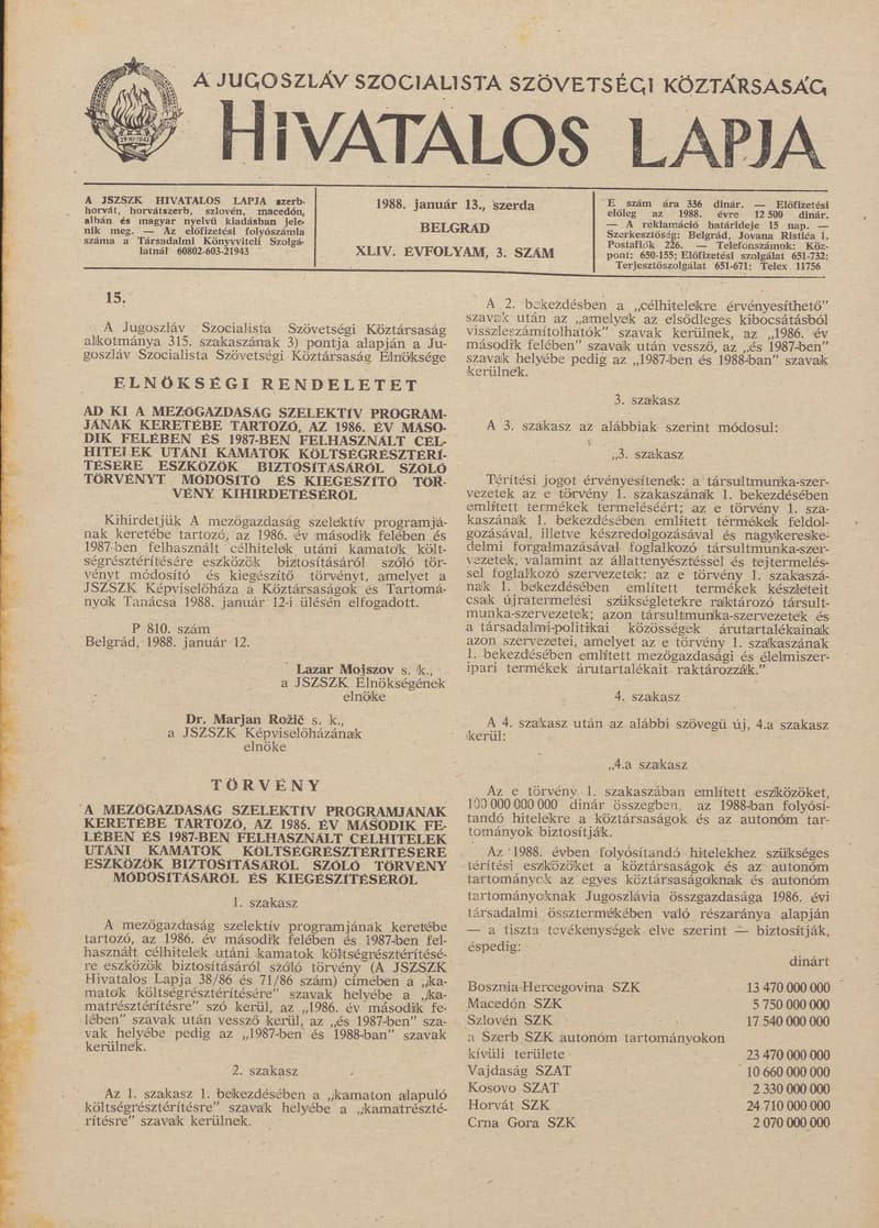 A Jugoszláv Szocialista Szövetségi Köztársaság Hivatalos Lapja, 44. évf. 1988. január 13. 3. sz. 61–84. oldal