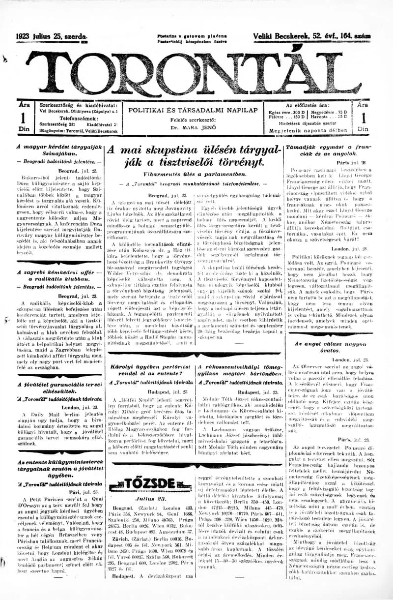 Torontál, 52. évf. 1923. július 25. 164. sz.