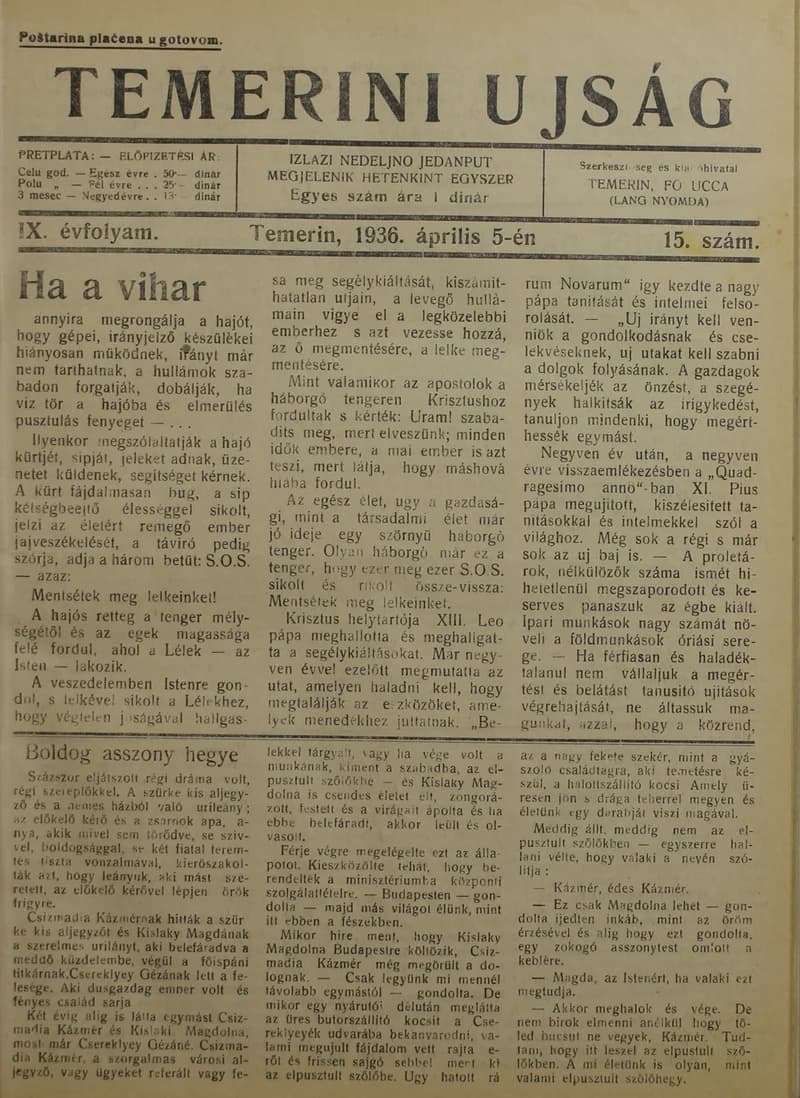 Temerini Újság 1928-1944, 9. évf. 1936. április 5. 15. sz.