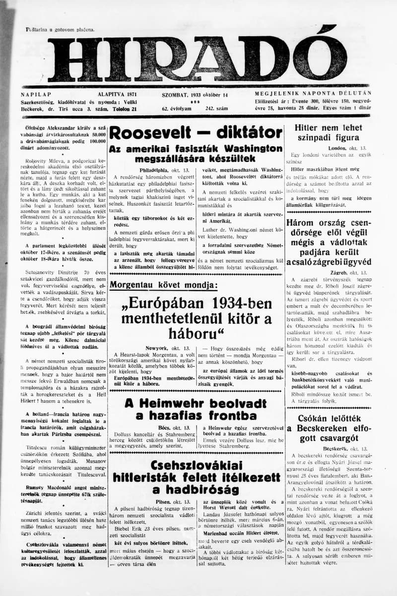 Híradó, 62. évf. 1933. október 14. 242. sz.