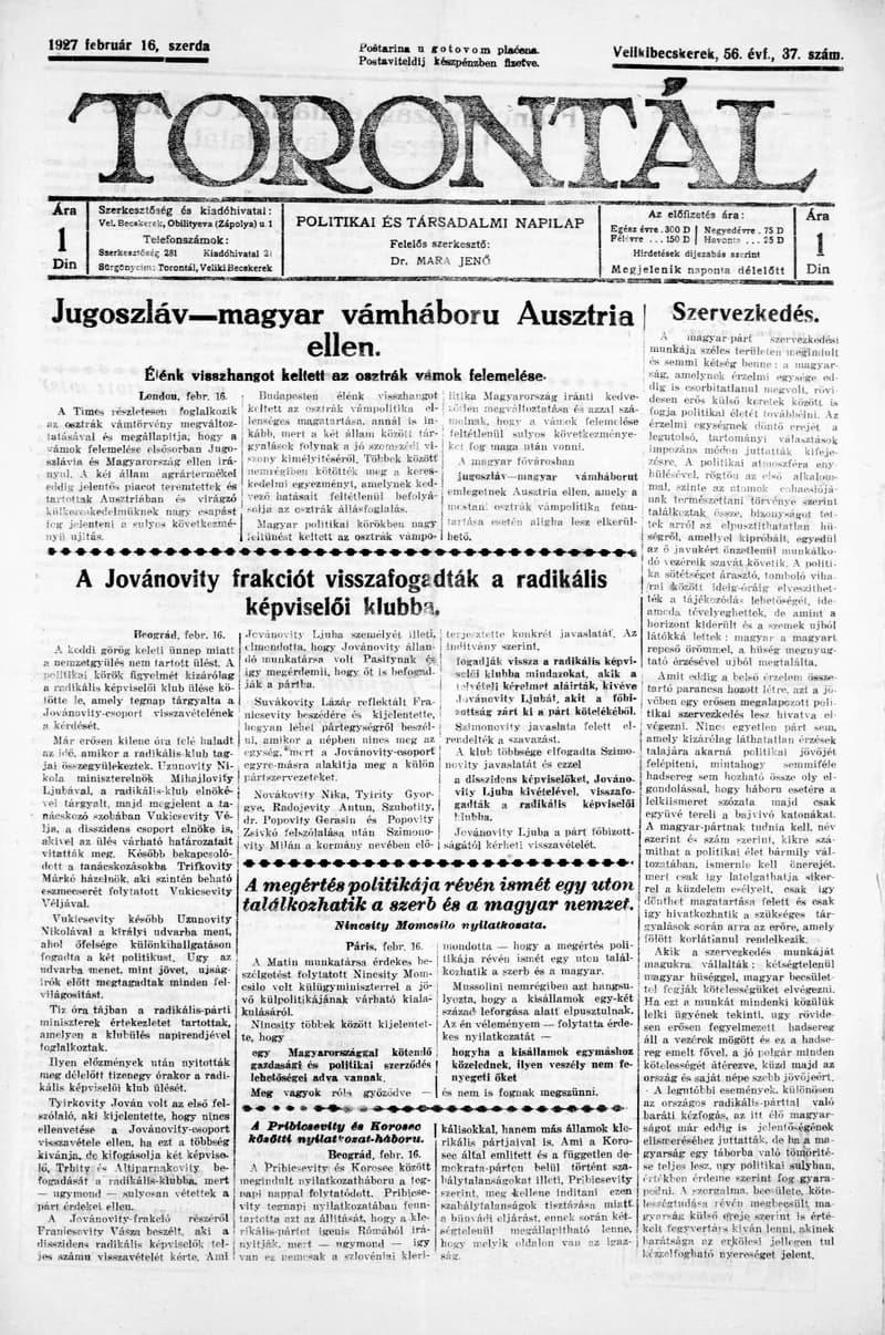 Torontál, 56. évf. 1927. február 16. 37. sz.