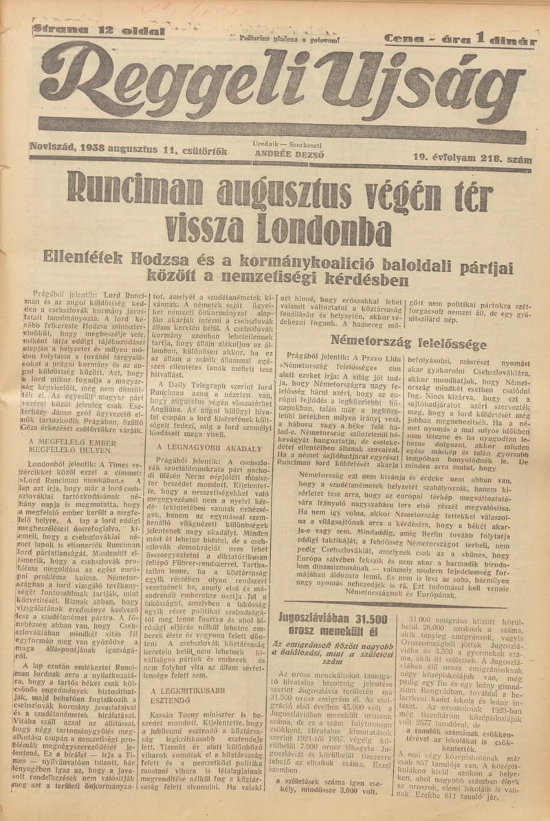 Reggeli Újság, 19. évf. 1938. augusztus 11. 218. sz.