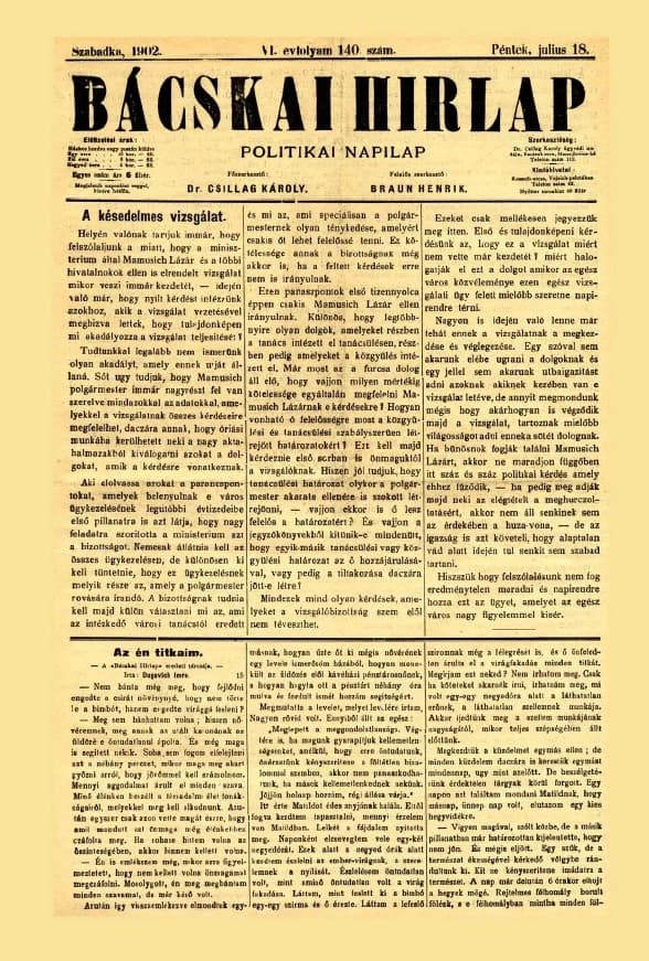 Bácskai Hirlap, 6. évf. 1902. július 18. 140. sz.