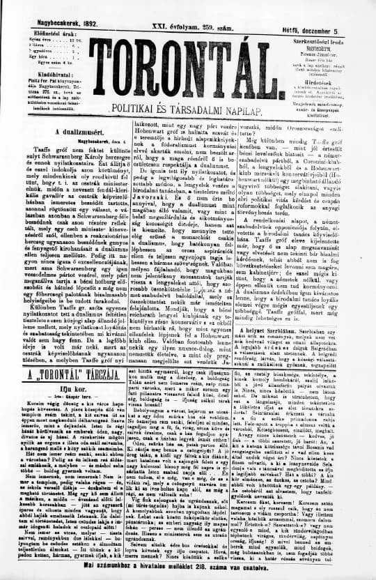 Torontál, 21. évf. 1892. december 5. 259. sz.