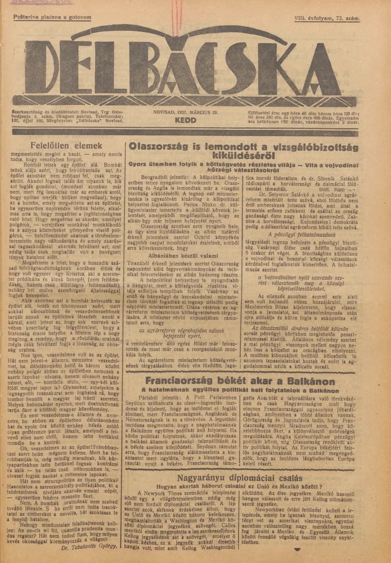 Délbácska, 8. évf. 1927. március 29. 73. sz.