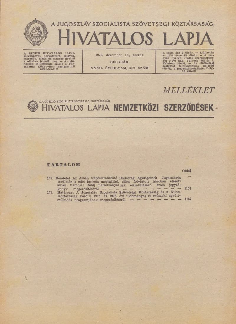 A Jugoszláv Szocialista Szövetségi Köztársaság Hivatalos Lapja, 32. évf. 1976. december 15. 54. sz.