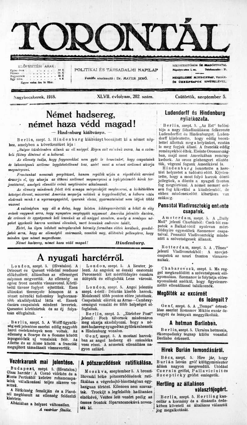 Torontál, 47. évf. 1918. szeptember 5. 202. sz.