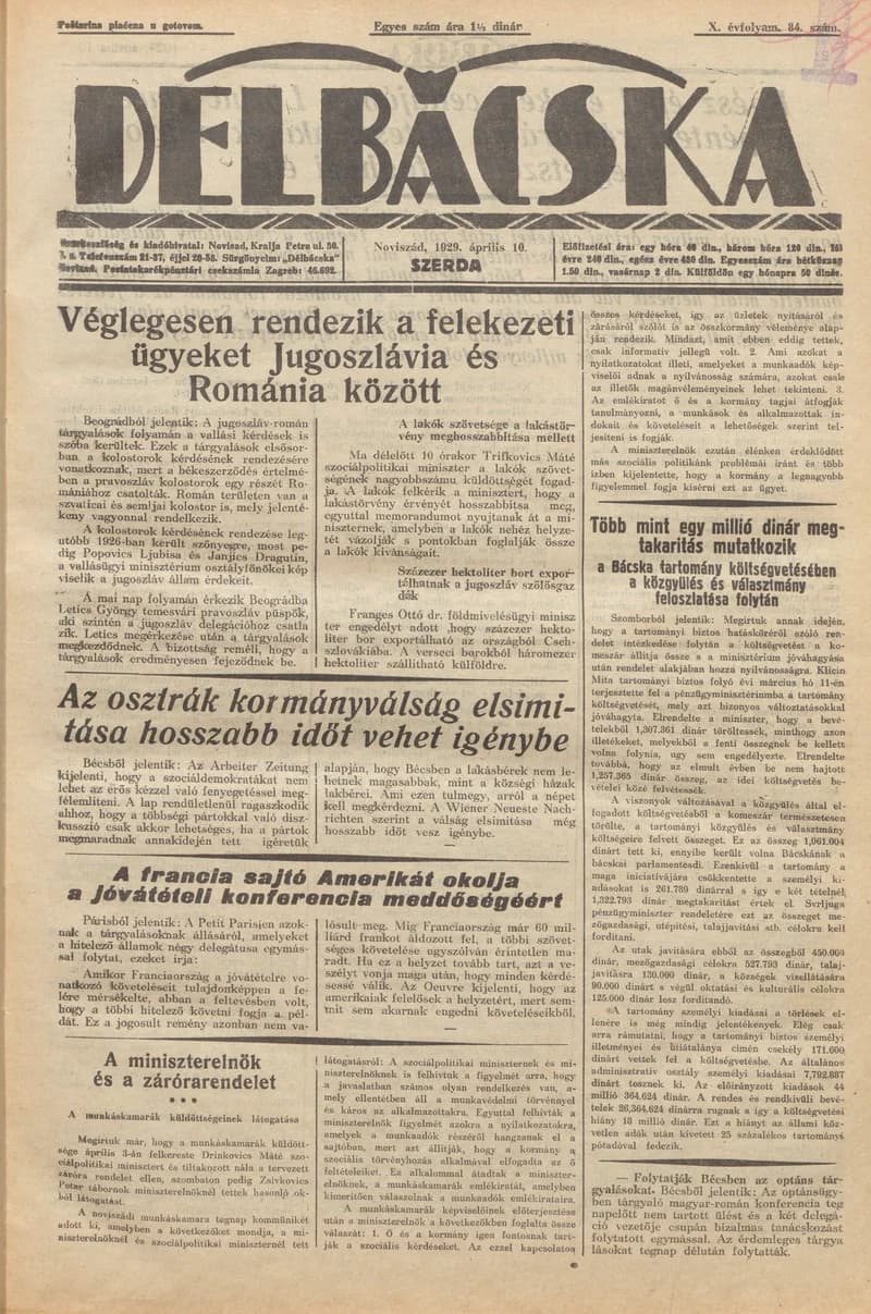 Délbácska, 10. évf. 1929. április 10. 84. sz.