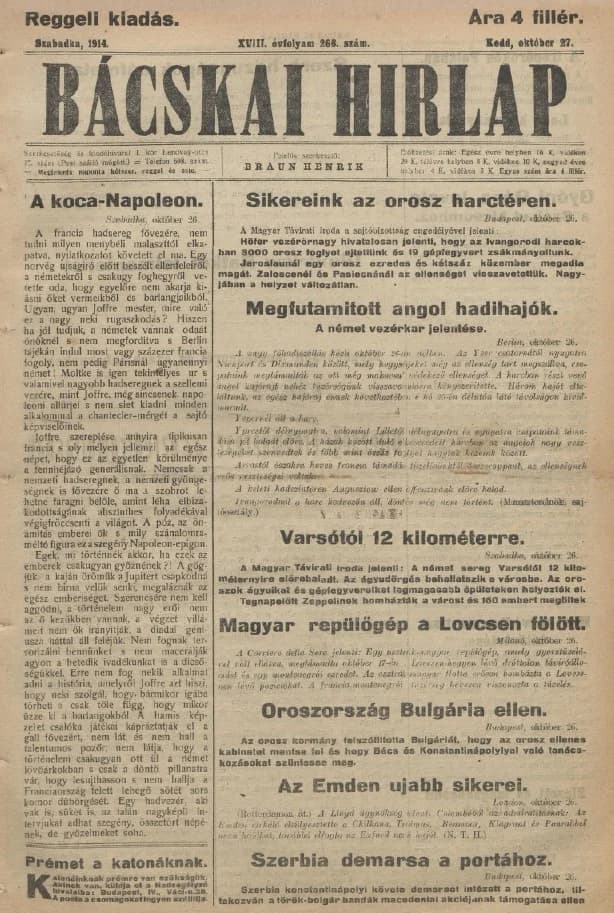 Bácskai Hirlap, 18. évf. 1914. október 27. 266. sz.
