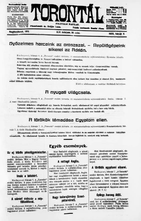 Torontál, 44. évf. 1915. február 8. 30. sz.