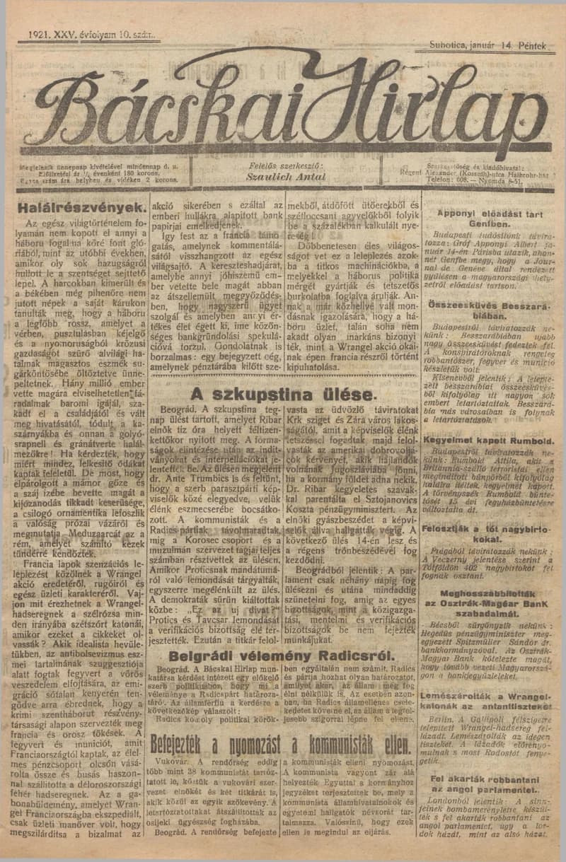 Bácskai Hirlap, 25. évf. 1921. január 14. 10. sz.