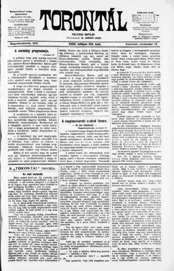 Torontál, 39. évf. 1910. november 12. 258. sz.