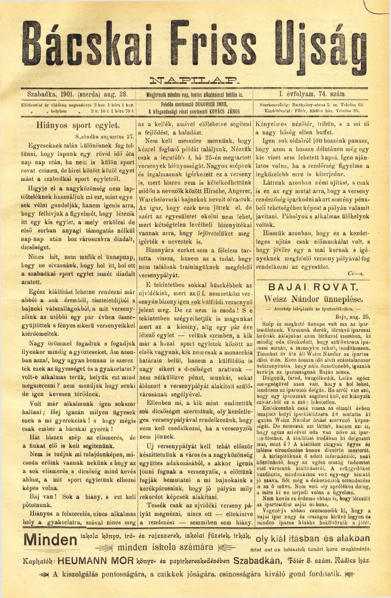 Bácskai Friss Ujság, 1. évf. 1901. augusztus 28. 74. sz.