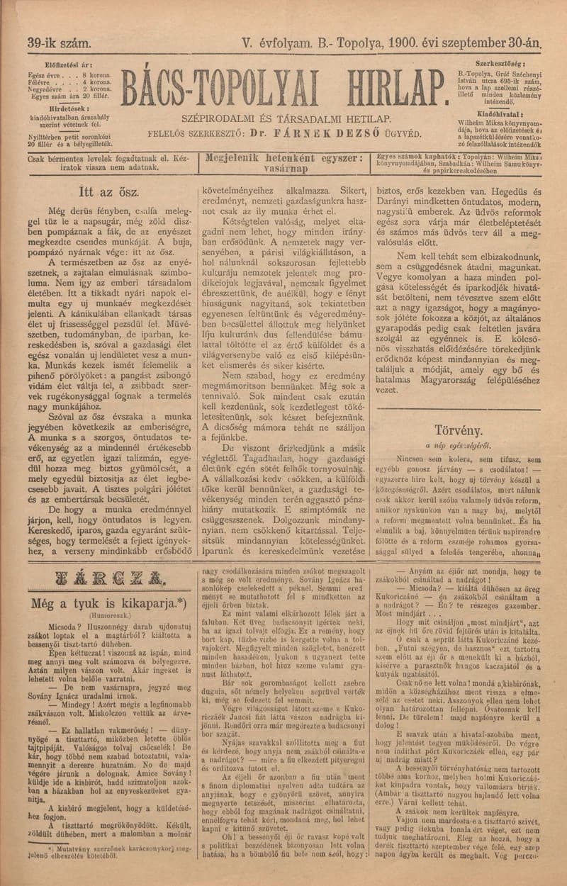 Bács-Topolyai Hirlap, 5. évf. 1900. szeptember 30. 39. sz.