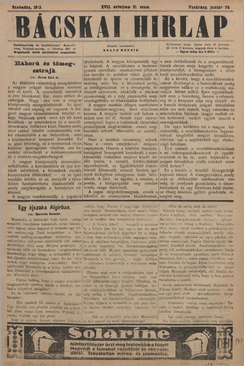 Bácskai Hirlap, 17. évf. 1913. január 26. 21. sz.