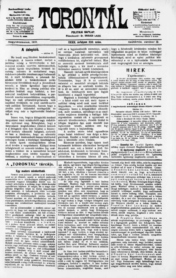 Torontál, 39. évf. 1910. október 13. 233. sz.