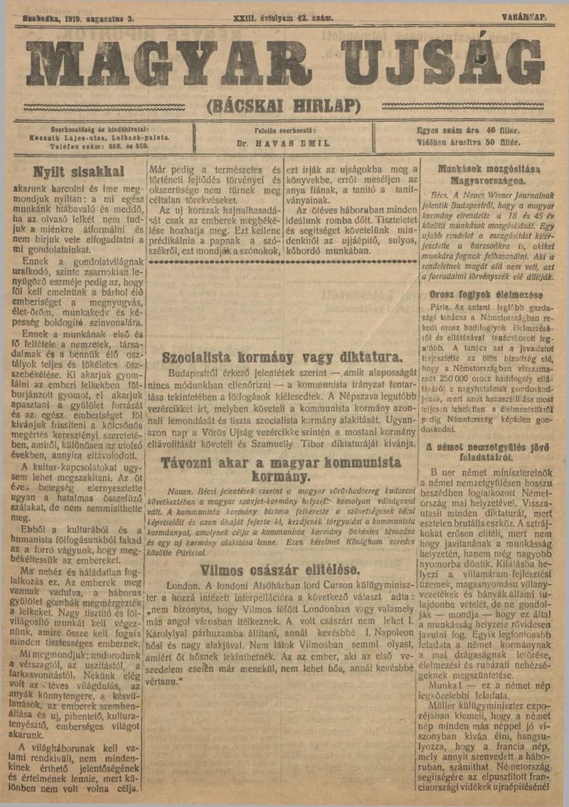 Bácskai Hirlap, 23. évf. 1919. augusztus 3. 42. sz.