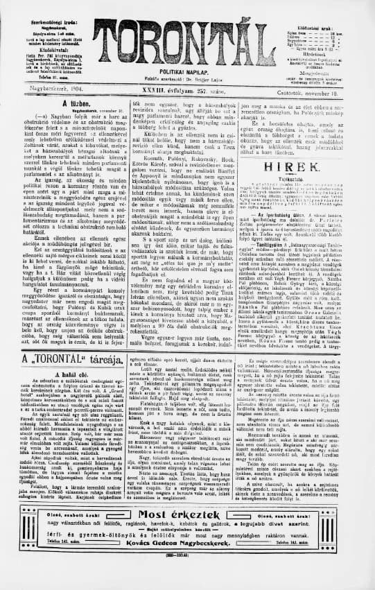 Torontál, 33. évf. 1904. november 10. 257. sz.