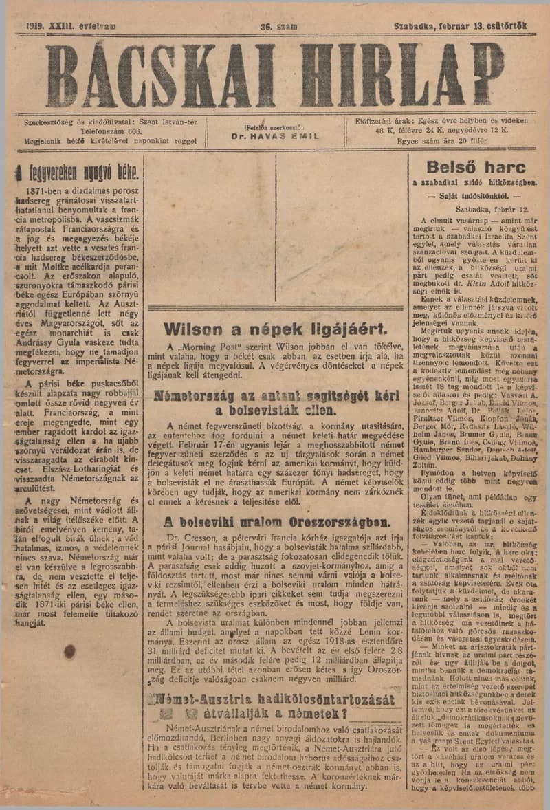 Bácskai Hirlap, 23. évf. 1919. február 13. 36. sz.
