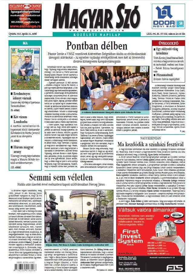 Magyar Szó, 69. évf. 2012. április 16. 86. sz. 1–16. oldal