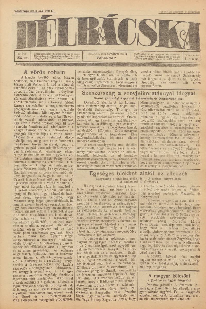 Délbácska, 4. évf. 1923. október 14. 237. sz.