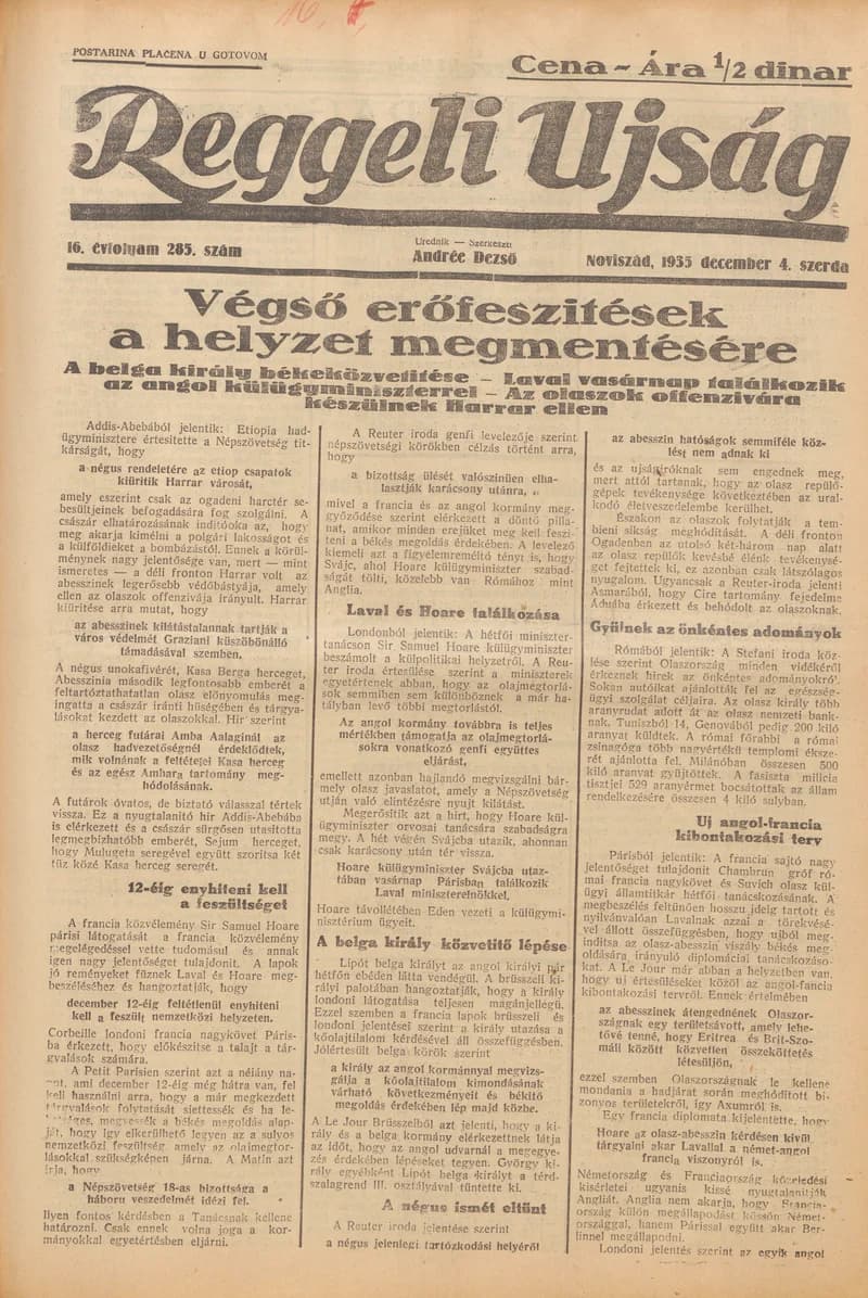 Reggeli Újság, 16. évf. 1935. december 4. 285. sz.