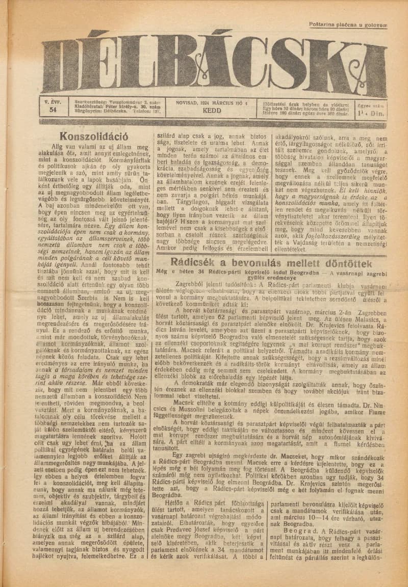 Délbácska, 5. évf. 1924. március 4. 54. sz.