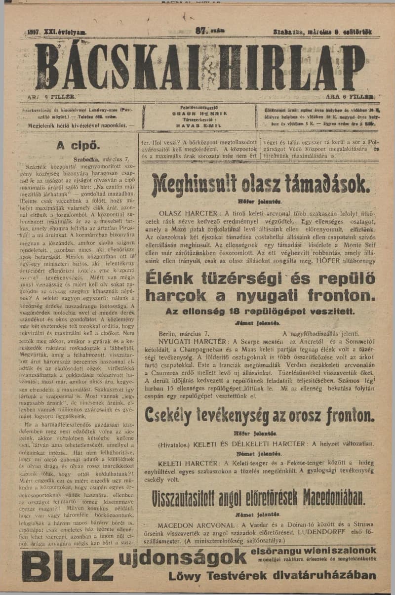 Bácskai Hirlap, 21. évf. 1917. március 8. 87. sz.