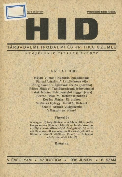 Híd, 5. évf. 1938. június. 6. sz. 165–204. oldal