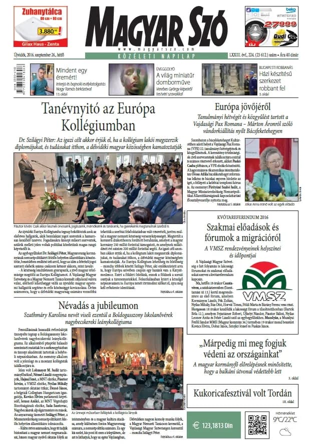 Magyar Szó, 73. évf. 2016. szeptember 26. 224. sz. 1–20. oldal