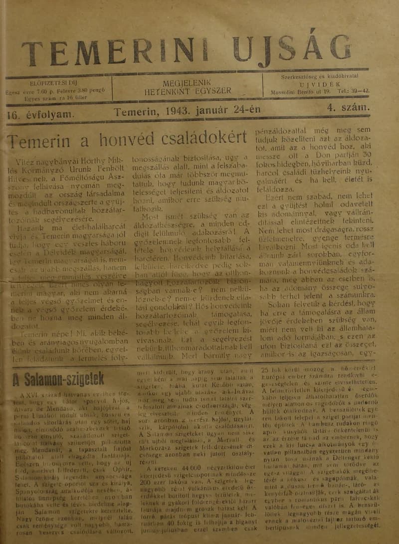 Temerini Újság 1928-1944, 16. évf. 1943. január 24. 4. sz.