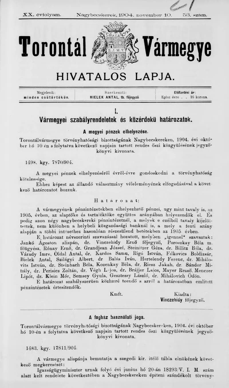 Torontál Vármegye Hivatalos Lapja, 20. évf. 1904. november 10. 53. sz.