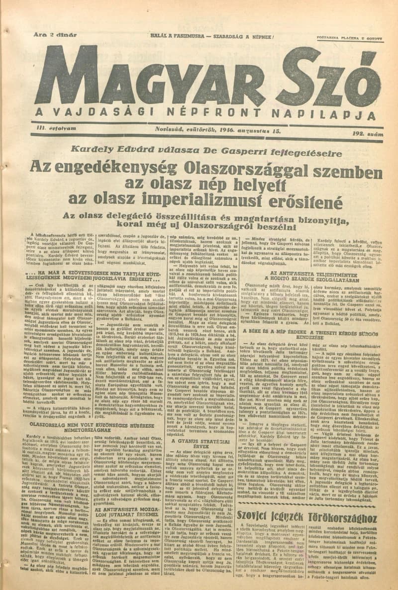 Magyar Szó, 3. évf. 1946. augusztus 15. 192. sz. 1–6. oldal