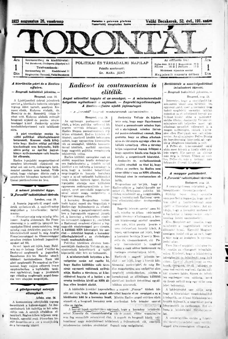 Torontál, 52. évf. 1923. augusztus 26. 191. sz.
