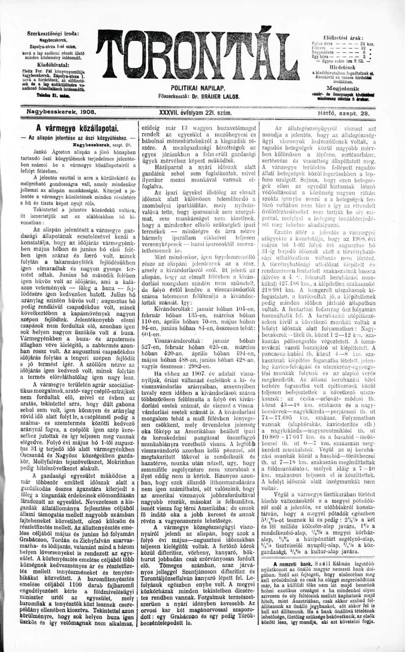 Torontál, 37. évf. 1908. szeptember 28. 221. sz.
