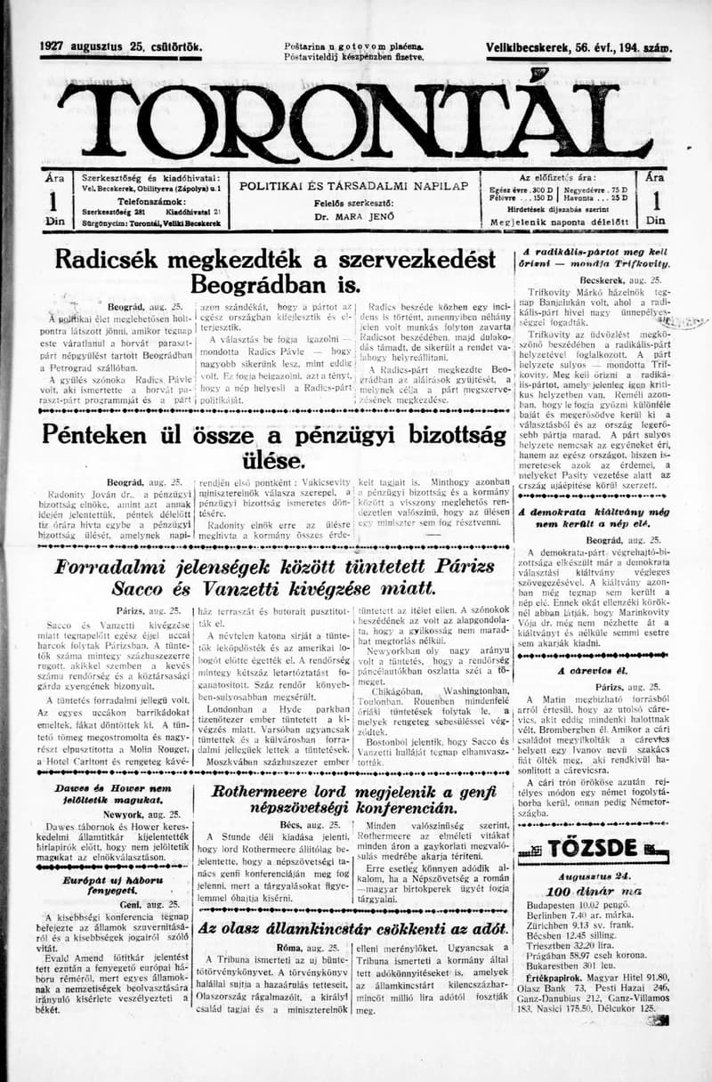 Torontál, 56. évf. 1927. augusztus 25. 194. sz.