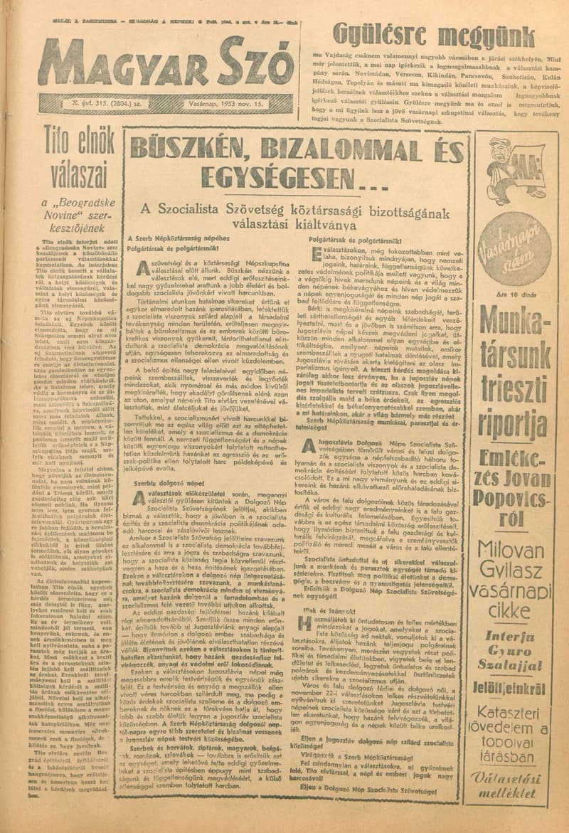 Magyar Szó, 10. évf. 1953. november 15. 315. sz. 1–16. oldal