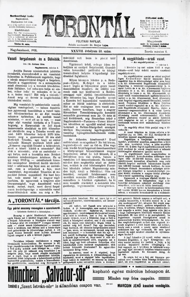 Torontál, 37. évf. 1908. március 4. 53. sz.