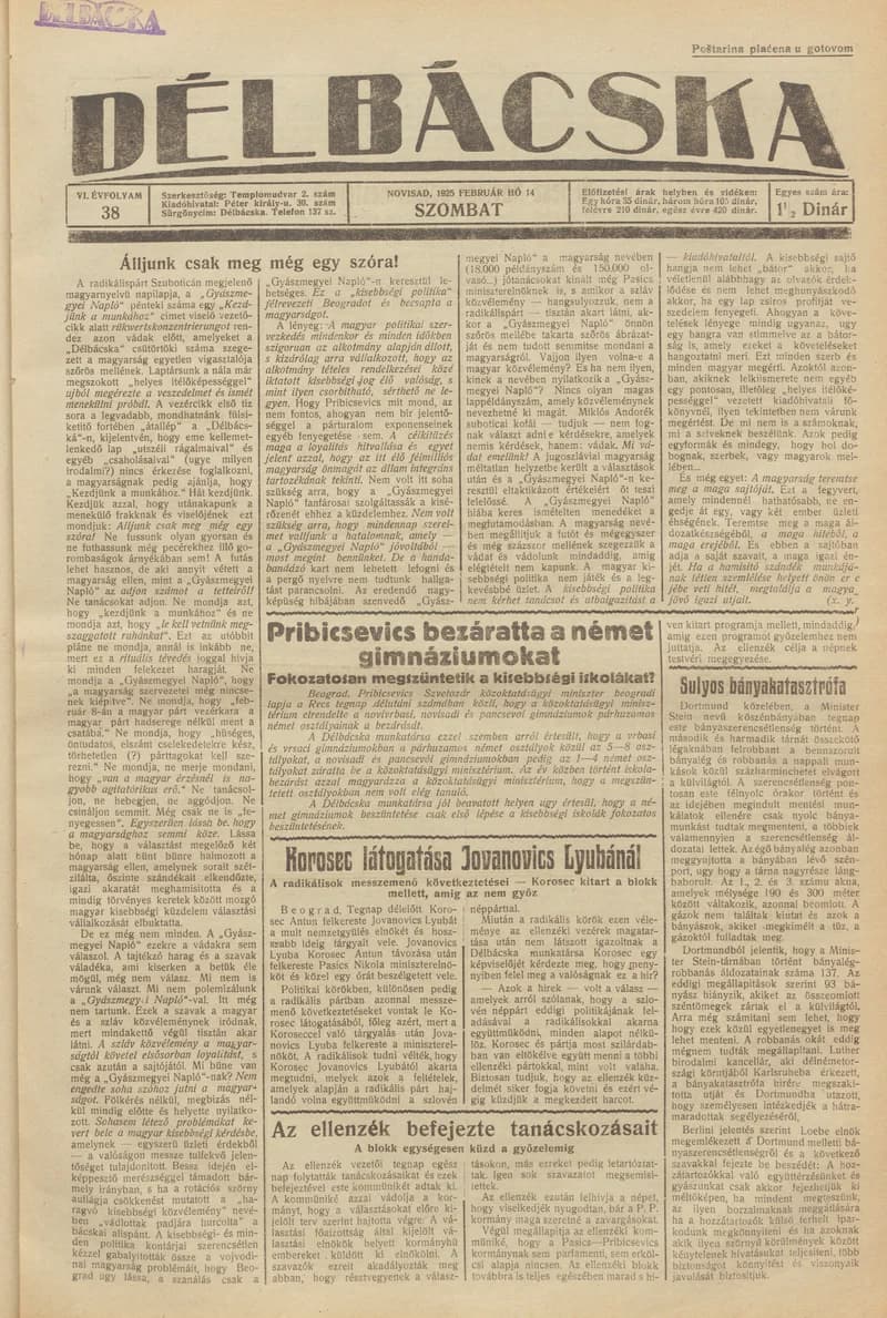 Délbácska, 6. évf. 1925. február 14. 38. sz.