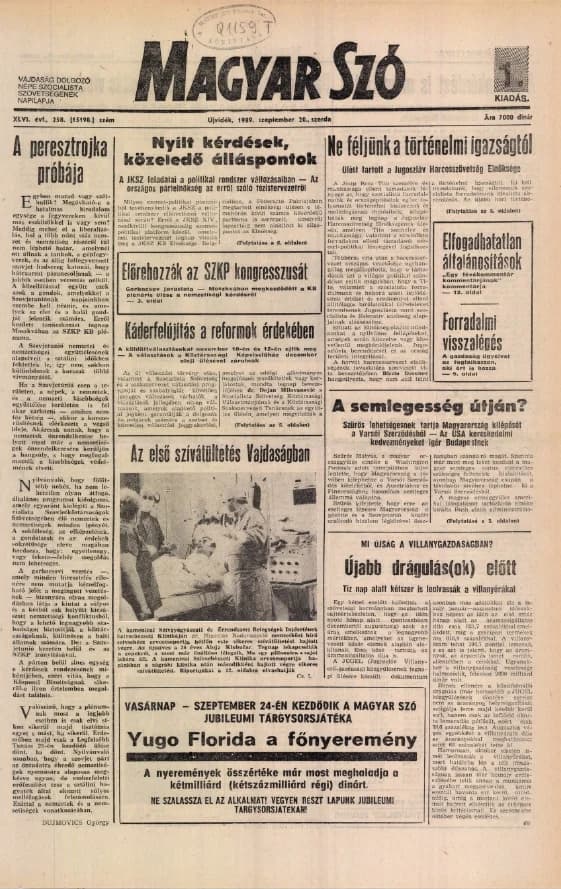 Magyar Szó, 46. évf. 1989. szeptember 20. 258. sz. 1–16. oldal