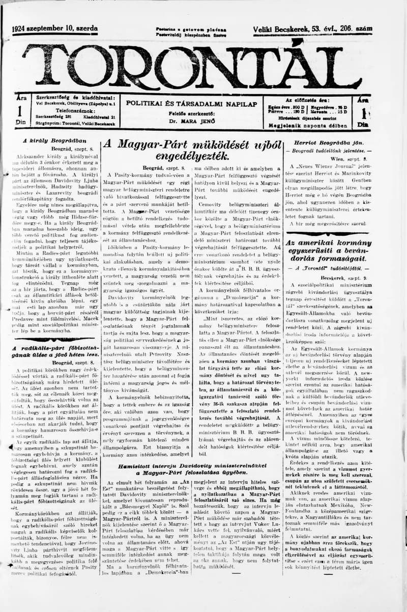 Torontál, 53. évf. 1924. szeptember 10. 206. sz.