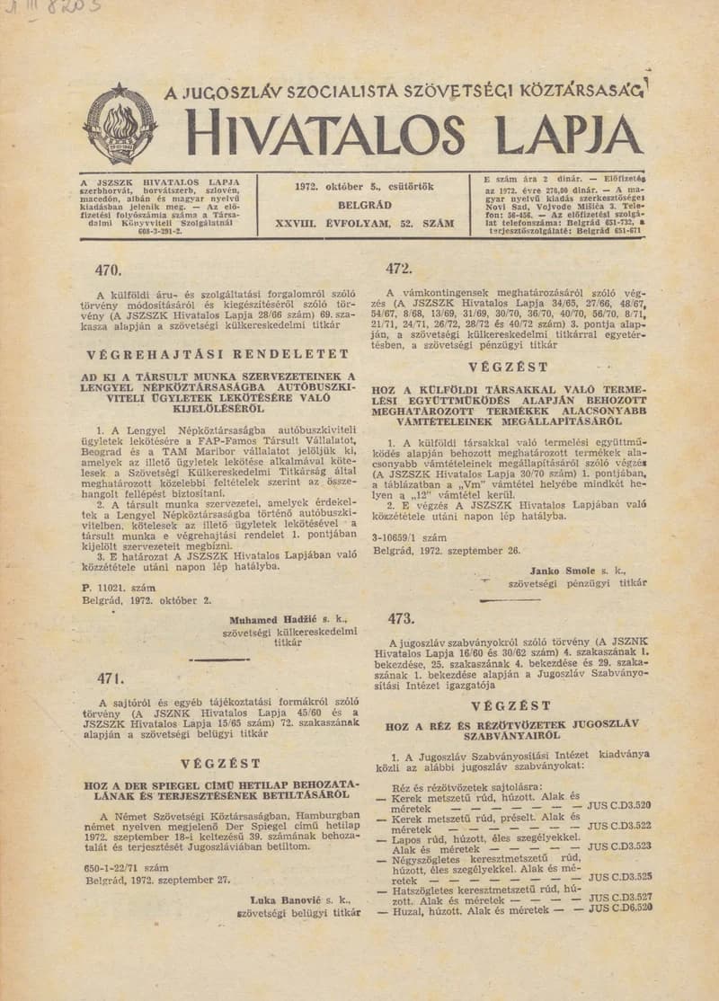A Jugoszláv Szocialista Szövetségi Köztársaság Hivatalos Lapja, 28. évf. 1972. október 5. 52. sz. 993–1000. oldal