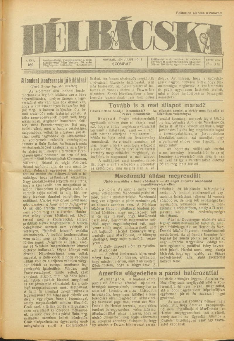 Délbácska, 5. évf. 1924. július 12. 160. sz.