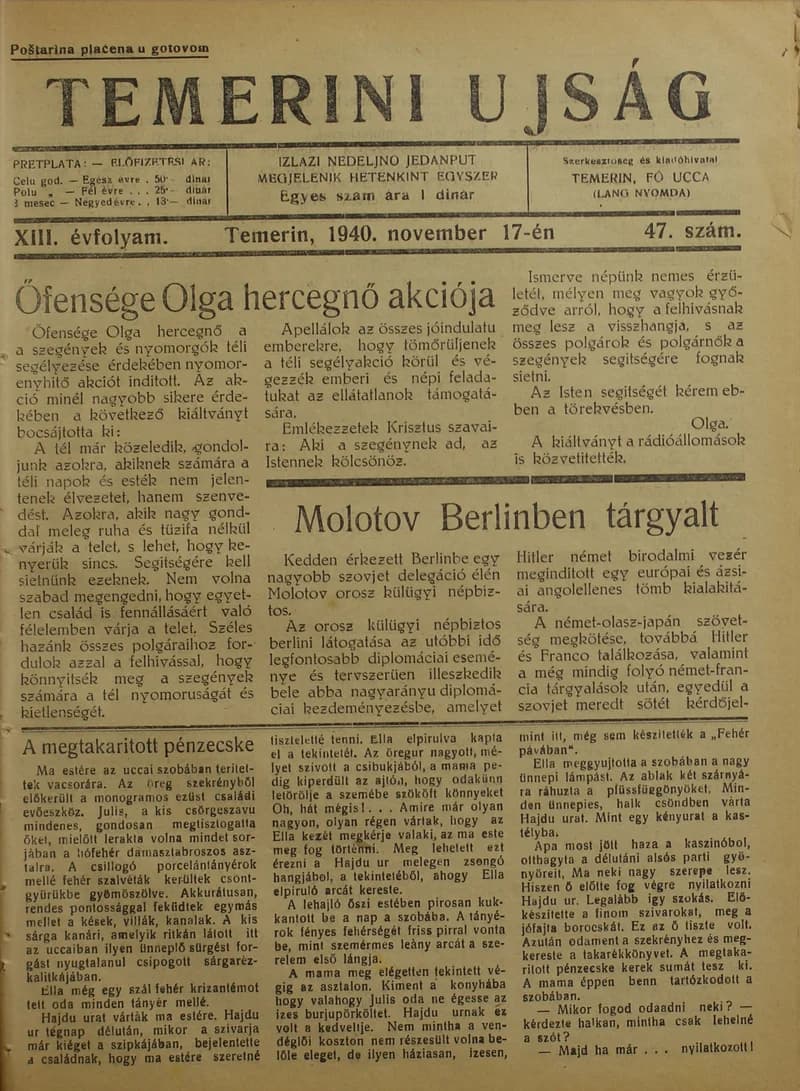Temerini Újság 1928-1944, 13. évf. 1940. november 17. 47. sz.