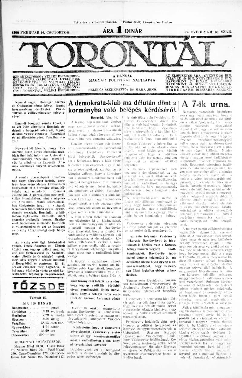 Torontál, 57. évf. 1928. február 16. 39. sz.
