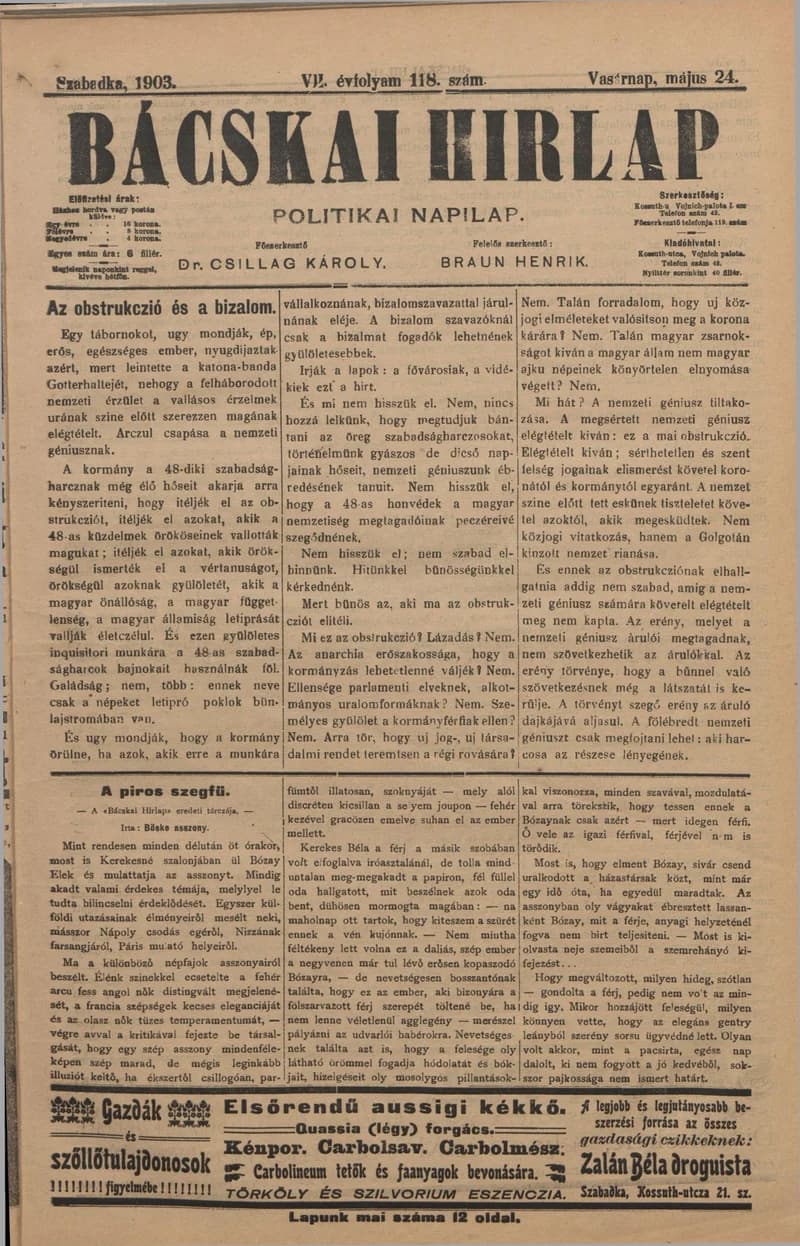 Bácskai Hirlap, 7. évf. 1903. május 24. 118. sz.