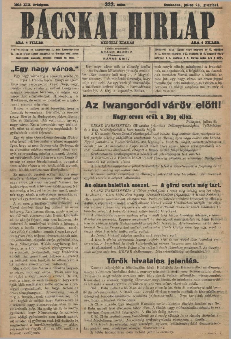 Bácskai Hirlap, 19. évf. 1915. július 24. 332. sz.
