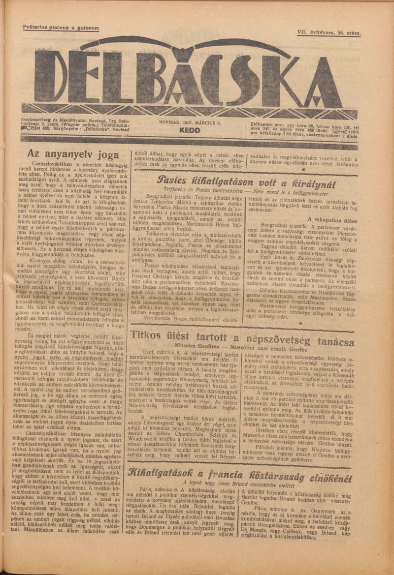 Délbácska, 7. évf. 1926. március 9. 56. sz.