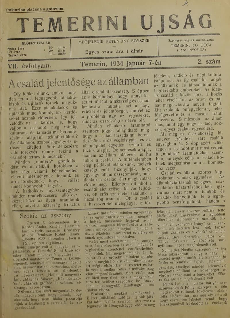 Temerini Újság 1928-1944, 7. évf. 1934. január 7. 2. sz.