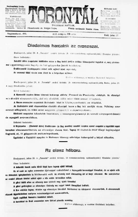 Torontál, 44. évf. 1915. július 27. 169. sz.